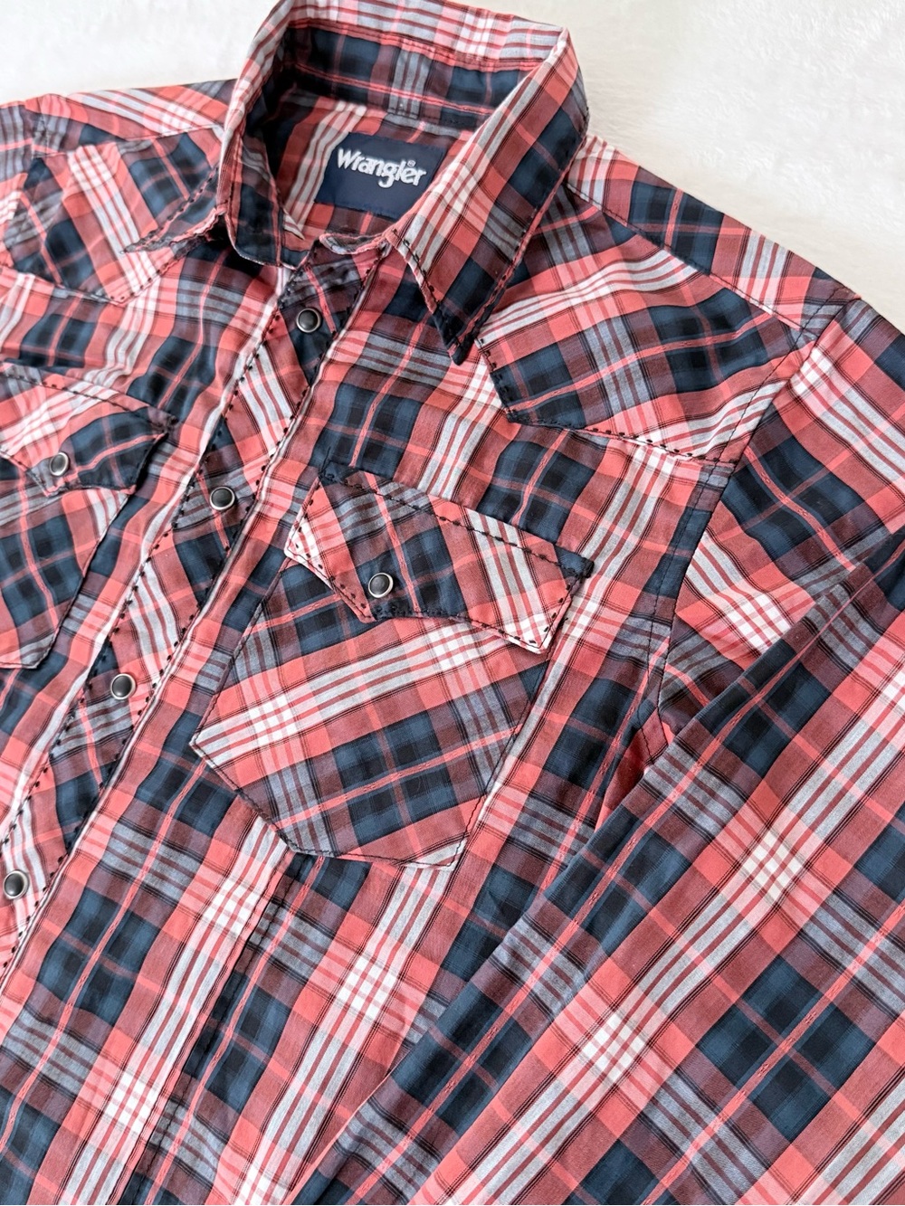 Wrangler Boys XL 14/16 Western Pearl Snap Shirt Red Navy Plaid Long Sleeve